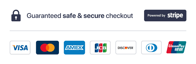 Guaranteed Safe and secure checkout badge from online payment provider, Stripe
